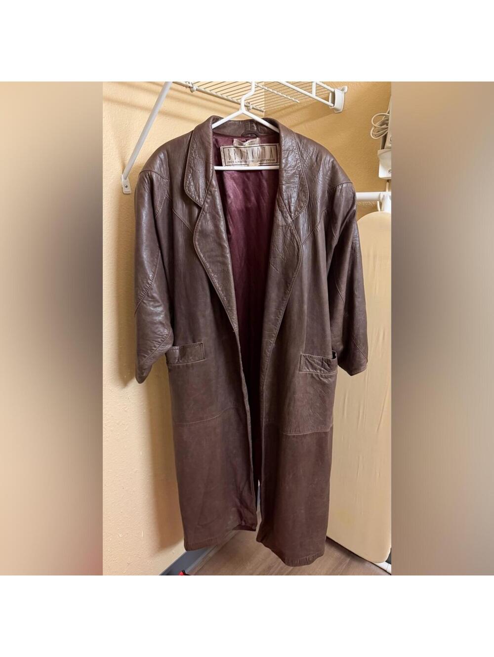 Vintage 90s BB Dakota Brown Leather Trench Coat Duster Jacket Made in Canada S